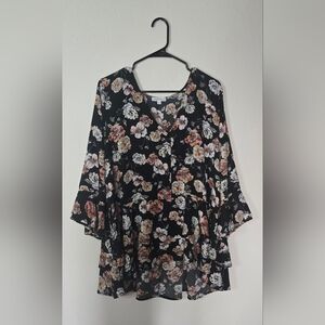 Ophelia Roe Floral Peplum Blouse Black Button Front Flowy Top 2X